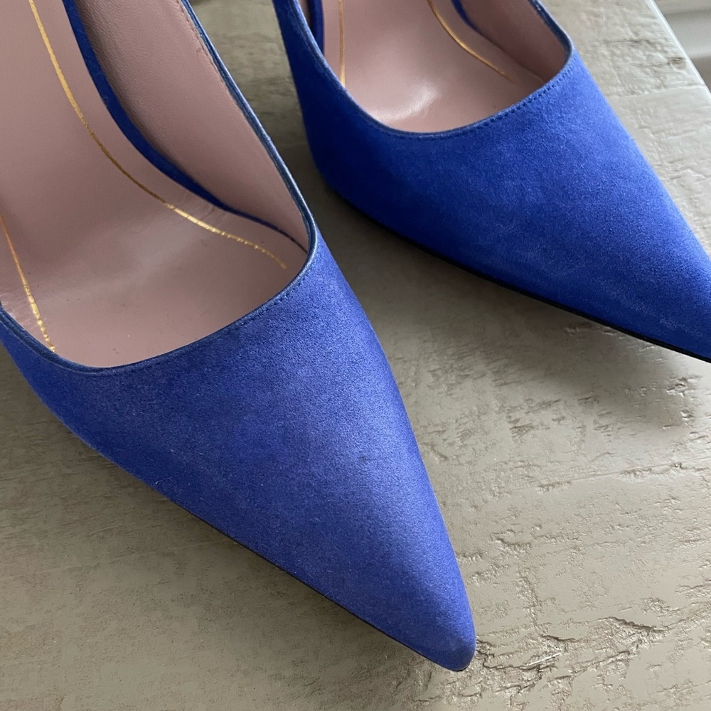 💙 Gucci Blue Suede Pointed Toe Pumps Size 38.5 - Picture 15 of 16